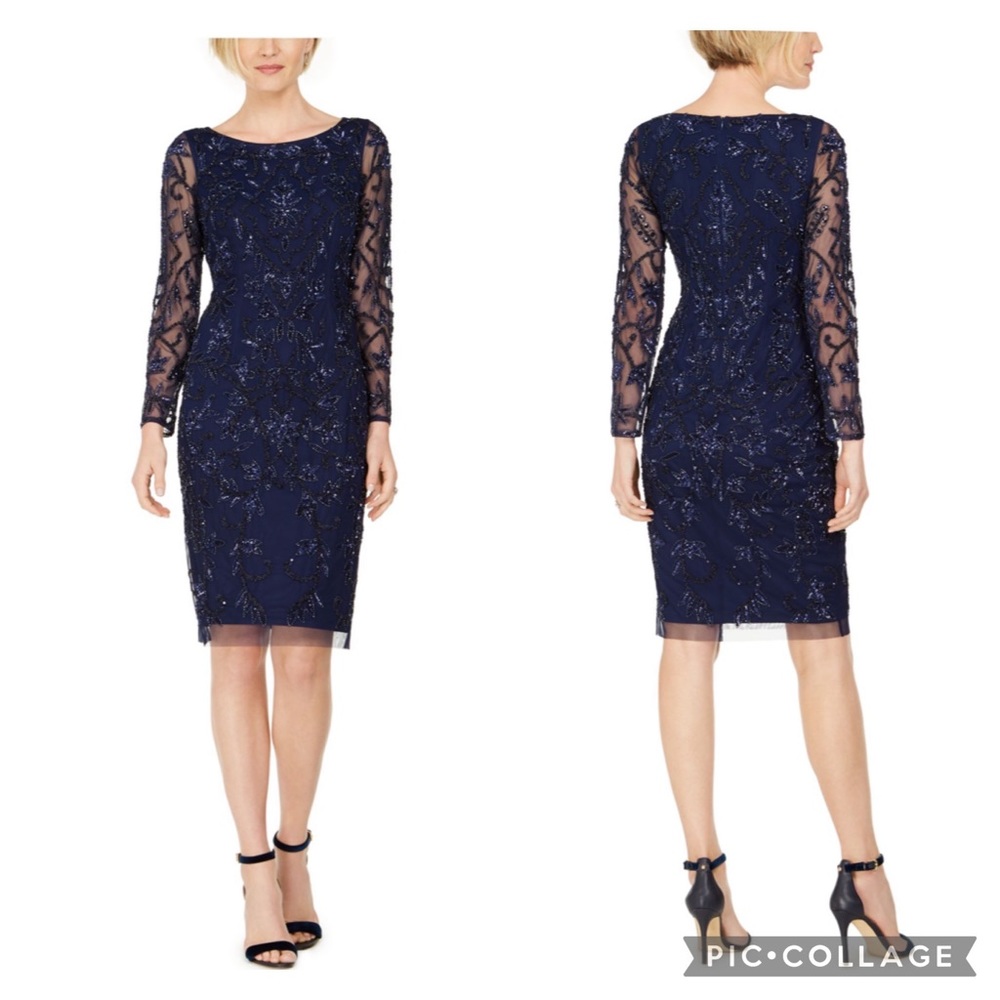 Adrianna Papell fully beaded flower long sleeves cocktail dress
